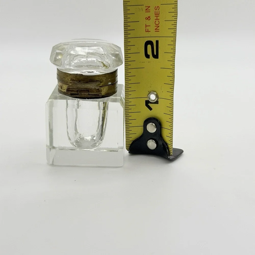 Antique Victorian Crystal Inkwell Cut Faceted Glass Brass Lid Hinge 2